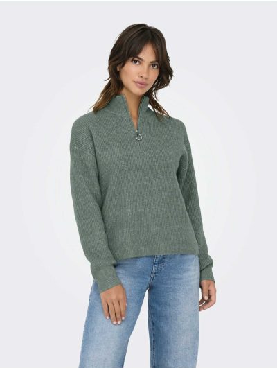 Sage Green Half Zip Knit Sweater – High Neck Casual Women Pullover