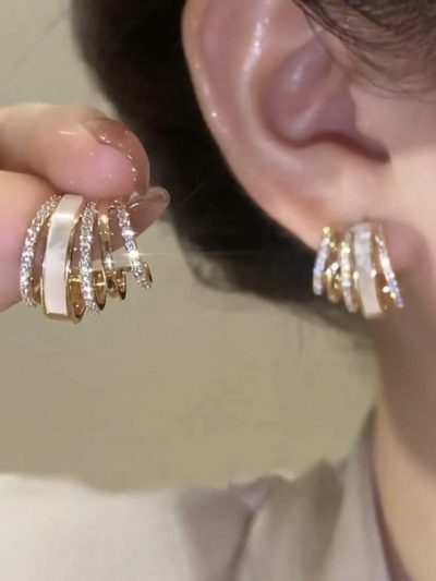Luxury Layered Hoop Earrings – Gold Tone with White Enamel & Rhinestone Detail