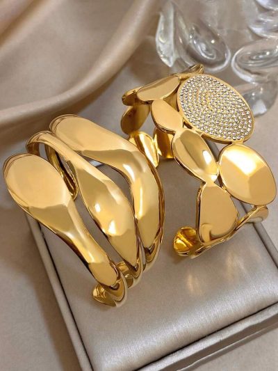 Gold Statement Cuff Bracelet Set for Women – 2 Pieces