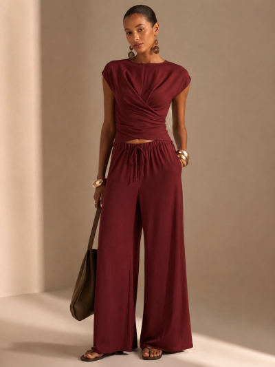 SHEIN Rust Red Cross Wrap Top & Wide-Leg Pants Set - SHEIN Fast Delivery in 5 Days