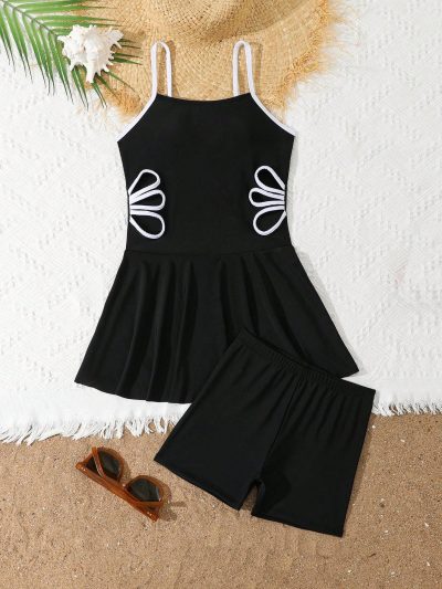 Girls Black Skirted Swimsuit Set, Strappy Swim Dress with Matching Shorts and White Side Details