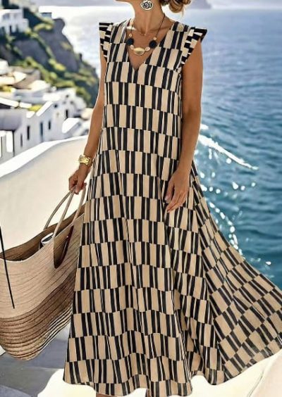 SHEIN Geometric Stripe Sleeveless Tiered Maxi Dress