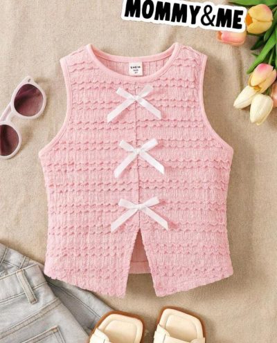 Girls Pink Textured Bow Front Sleeveless Top