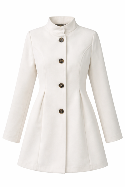 Elegant Off White Buttoned Coat – High Neck Women Winter Jacket