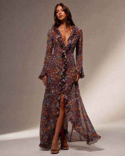 SHEIN Women Multicolor Ruffle Long Sleeve Maxi Dress