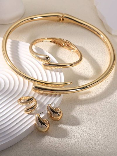 Women Gold Jewelry Set – Minimalist Necklace, Bracelet, Ring & Earrings
