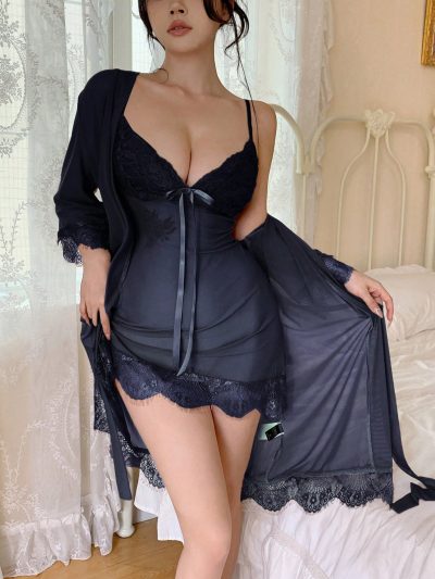 SHEIN Navy Blue Lace Mesh Nightdress & Robe Set - SHEIN Fast Delivery in 5 Days