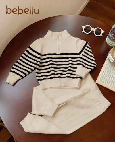Baby Girls Cream and Black Striped Knit Top and Pants Set
