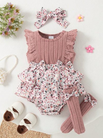 Baby Girls Mauve Floral Ruffle Romper Set with Headband & Socks