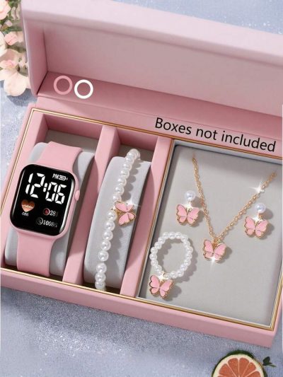 Girls Smart Watch & Butterfly Jewelry Set – Pink Kids Watch with Necklace, Bracelet, Ring & Earrings
