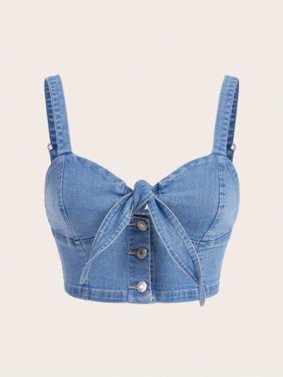 Light Wash Denim Tie Front Crop Top – Button Front Bustier Cami Top – Adjustable Strap Slim Fit