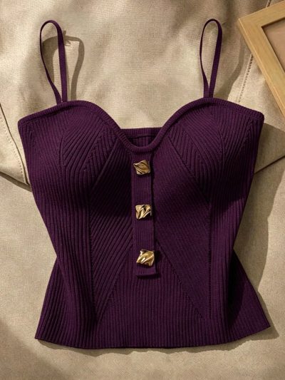 Women’s Purple Ribbed Knit Gold Button Cami Top