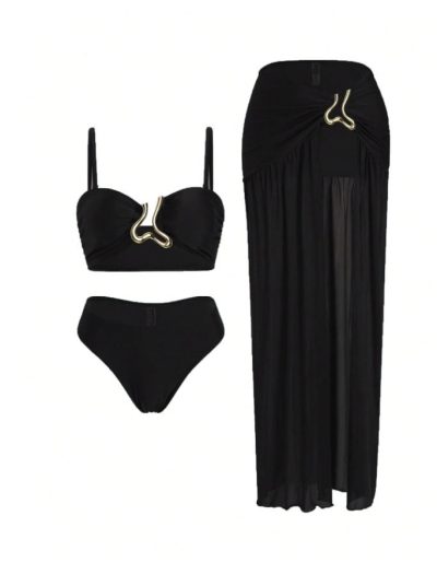 SHEIN Black 3-Piece Gold Detail Bikini & Mesh Skirt Set - SHEIN Fast Delivery in 5 Days