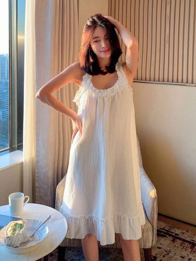 White Ruffle Trim Sleeveless Sleep Dress – Soft Loose Fit Nightwear Midi Dress for Women