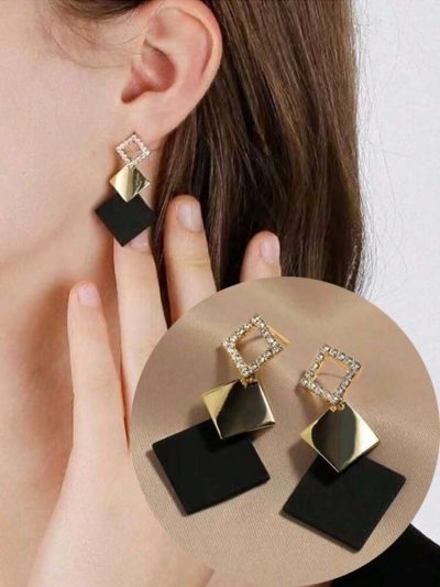 Geometric Black and Gold Drop Earrings for Women