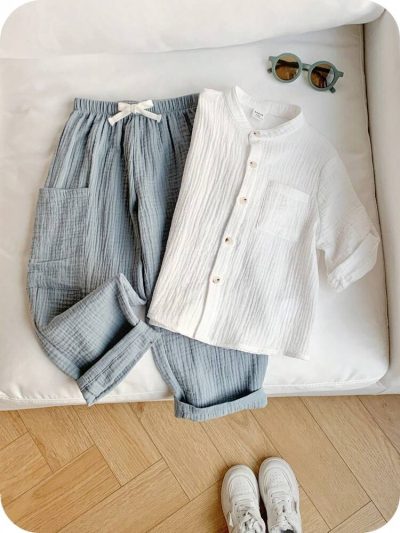 Boys White Cotton Gauze Shirt & Dusty Blue Pants Set – Casual Summer 2 Piece Outfit – Soft Breathable Kids Matching Set