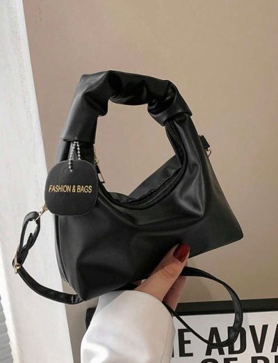Women’s Black Mini Ruched Handle Bag – Soft Faux Leather Shoulder & Crossbody Purse – Trendy Compact Handbag