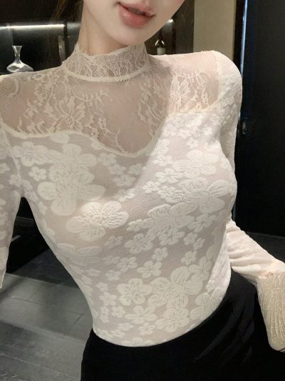 Women’s White Floral Lace High Neck Sheer Top