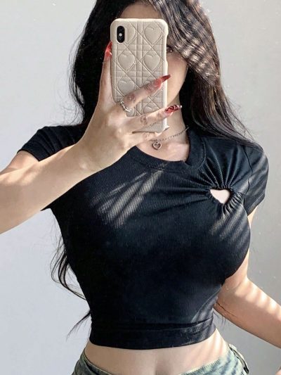 SHEIN Women’s Black Ribbed Cut-Out Short Sleeve Crop Top