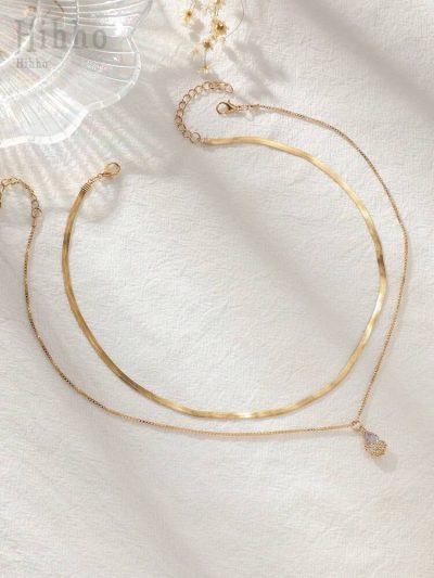 Women Layered Gold Necklace – Snake Chain & Crystal Drop Pendant
