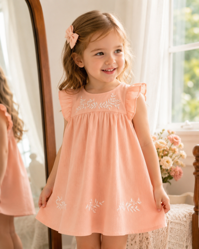 Girls Peach Embroidered Flutter Sleeve Dress