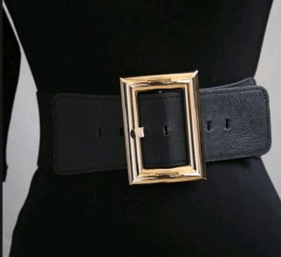 Plus Size Black Wide Waist Belt for Women – Gold Square Buckle Adjustable Fashion Belt