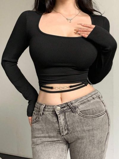 Ribbed Long Sleeve Cropped Top with Waist Strap Detail – Black