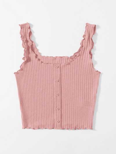 Women’s Pink Ribbed Ruffle Strap Button Tank Top
