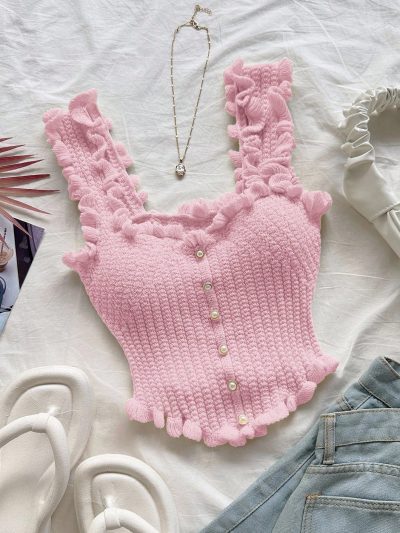 Women’s Pink Ruffle Knit Crop Tank Top