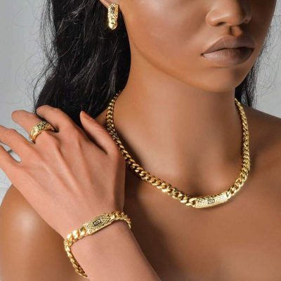Luxury Gold Chain Jewelry Set – Necklace Bracelet Earrings Ring Set for Women
