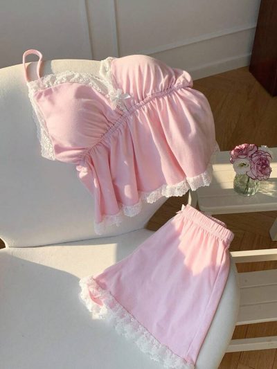 Women Lace Trim Pajama Set – Cute Camisole Top & Shorts Nightwear
