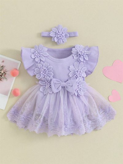 SHEIN Kids Lavender Floral Tulle Dress Set - SHEIN Fast Delivery in 5 Days