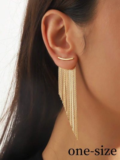 Gold Tassel Chain Drop Earrings – Minimalist Long Fringe Statement Earrings for Women