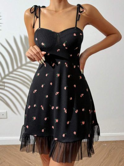 Black Floral Tie-Strap Mesh Hem Cami Dress – Ribbed Slim Fit Mini Dress for Women