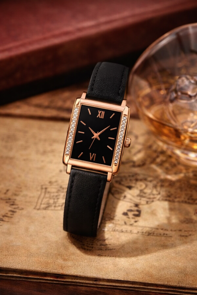 Women’s Luxury Rectangular Watch – Black Dial & Rose Gold Frame