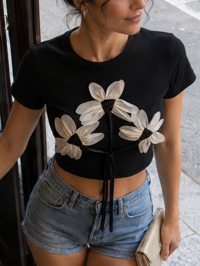 SHEIN Black 3D Floral Crop Top - SHEIN Fast Delivery in 5 Days