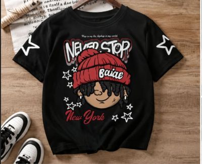 Kids Black Graphic T-Shirt with Cartoon Print – Short Sleeve Casual Tee