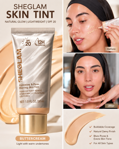 SHEGLAM Skin Tint – Buttercream, SPF 20 Hydrating Dewy Base Makeup