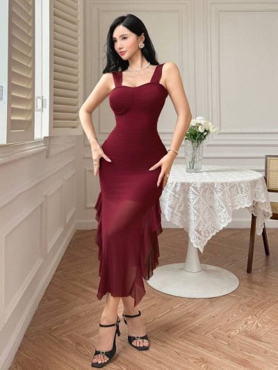 Burgundy Ruched Sweetheart Neck Ruffle Hem Midi Dress – Elegant Slim Fit Dress for Women