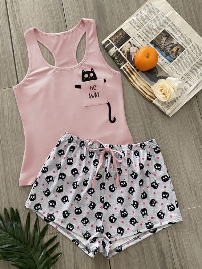 Women’s Pink Cat Print Tank & Shorts Pajama Set – Cute Cartoon Two Piece Sleepwear Set