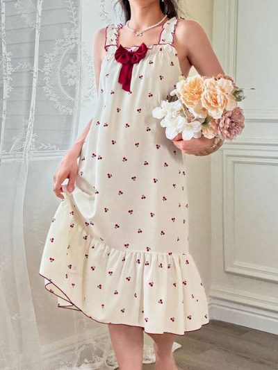 Cream Cherry Print Bow Detail Maxi Dress – Sleeveless Romantic Lounge Dress for Women