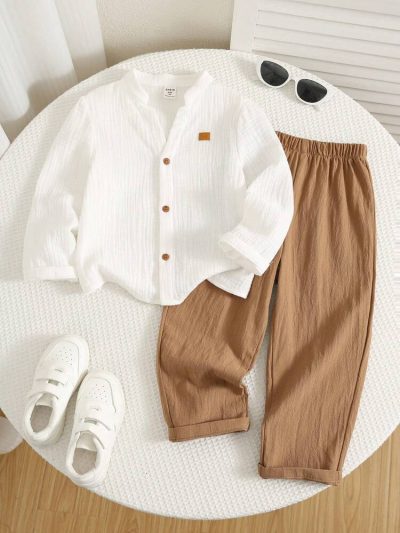 Boys White Cotton Gauze Shirt & Camel Brown Pants Set – Long Sleeve Casual Summer Outfit – Soft Breathable 2 Piece Kids Set