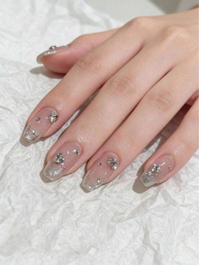 24PCS Nude Glitter Press On Nails – Rhinestone Long Square Design