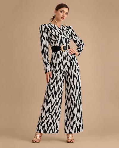 Monochrome Zigzag Wide Leg Jumpsuit for Women