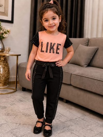 Girls Peach LIKE T-Shirt & Black Pants Set – 2 Piece Sequin Casual Outfit, Fast Delivery in 5 Days