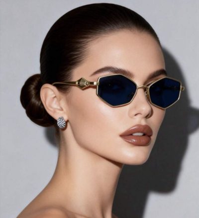 Women’s Geometric Sunglasses – Gold Metal Frame with Dark Blue Lenses – Chic Fashion Eyewear