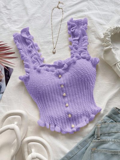 Women’s Purple Ruffle Knit Crop Tank Top