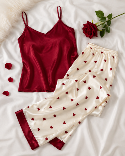 SHEIN Fast Delivery Red Satin Cami Pajama Set with Heart Print Pants