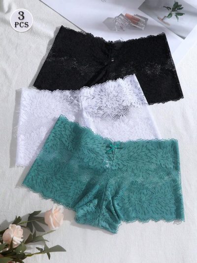 3-Pack Floral Lace Boyshort Panties for Women – Soft Stretch Lingerie – Full Lace Briefs – Shein Style Underwear Set