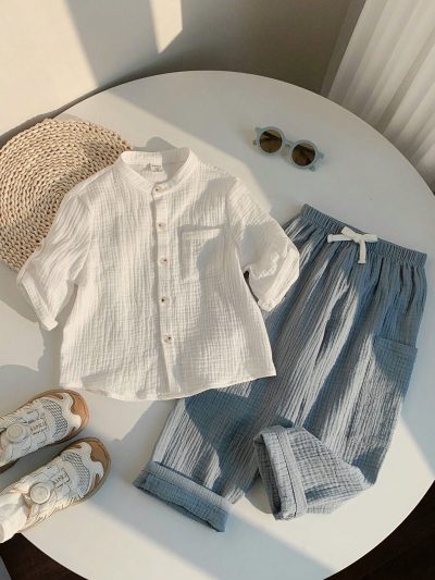 Baby Boy White Gauze Shirt and Blue Pants Set – Soft Breathable Casual Summer Outfit